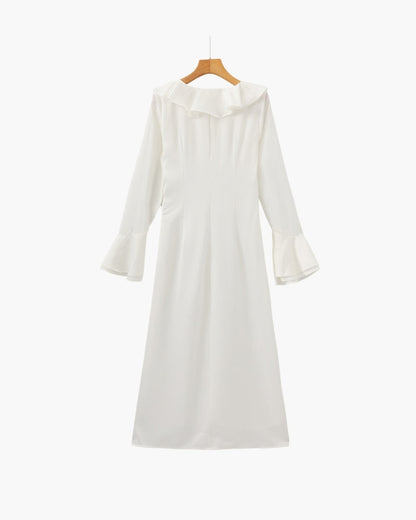 Pearl Button Ruffle Midi Dress